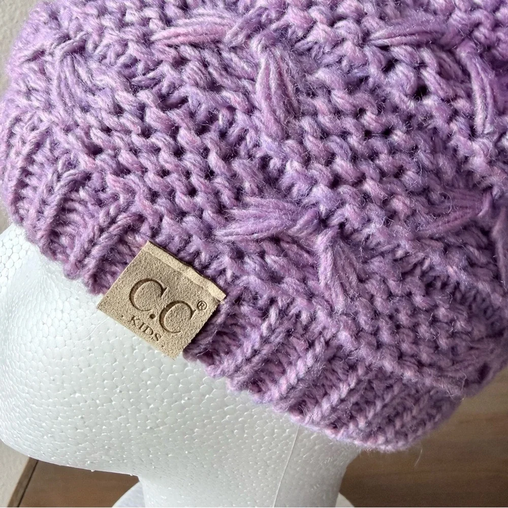 NWT C.C Kids purple knit wool blend beanie with two Pom-poms youth OS